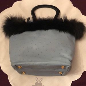 Blue Grey Leather-type Style Bucket Bag Fur trim